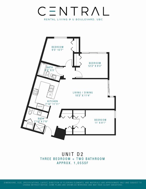 Floor plan for 3 beds, 3 baths